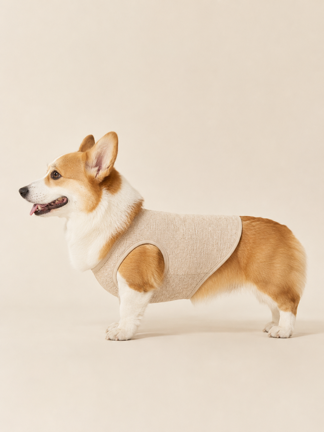Corgi side view in handmade vest showing leg proportions